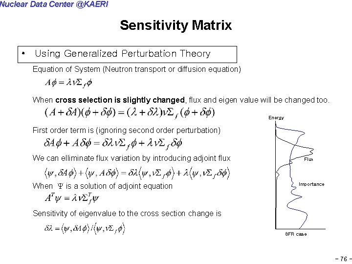 Nuclear Data Center @KAERI Sensitivity Matrix • Using Generalized Perturbation Theory Equation of System