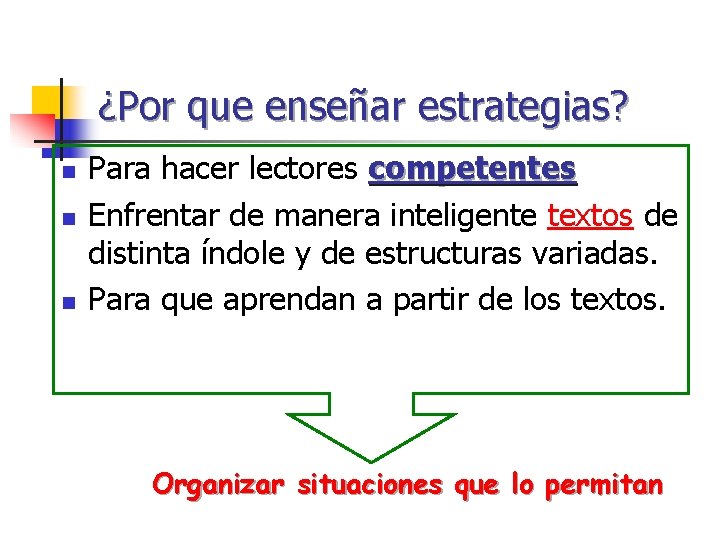 ¿Por que enseñar estrategias? n n n Para hacer lectores competentes Enfrentar de manera ¿Por que enseñar estrategias? n n n Para hacer lectores competentes Enfrentar de manera