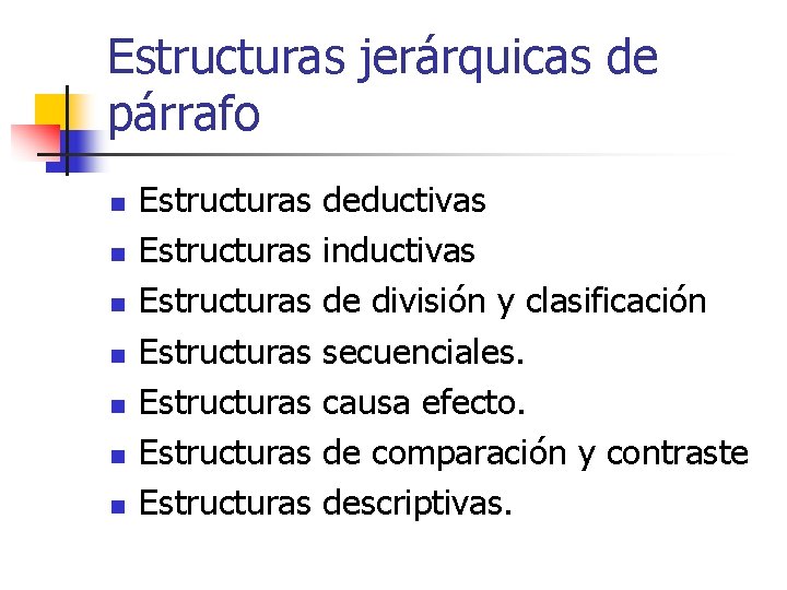 Estructuras jerárquicas de párrafo n n n n Estructuras deductivas Estructuras inductivas Estructuras de Estructuras jerárquicas de párrafo n n n n Estructuras deductivas Estructuras inductivas Estructuras de