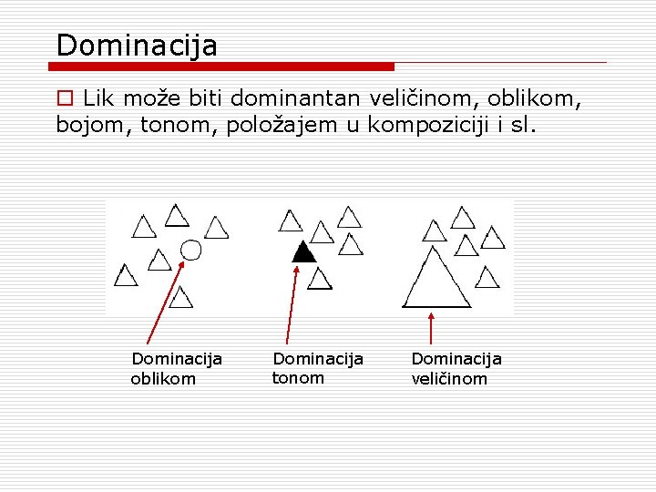 Dominacija o Lik može biti dominantan veličinom, oblikom, bojom, tonom, položajem u kompoziciji i Dominacija o Lik može biti dominantan veličinom, oblikom, bojom, tonom, položajem u kompoziciji i