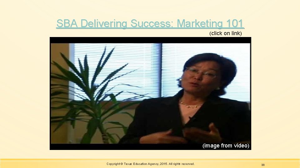 SBA Delivering Success: Marketing 101 (click on link) (image from video) Copyright © Texas
