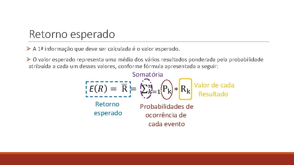 Retorno esperado Ø A 1ª informação que deve ser calculada é o valor esperado.