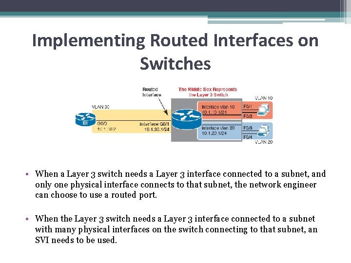 Implementing Routed Interfaces on Switches • When a Layer 3 switch needs a Layer