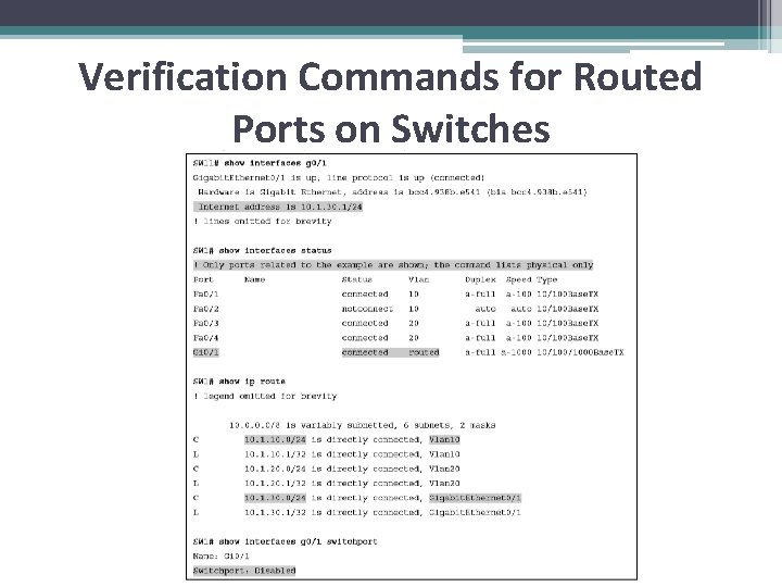 Verification Commands for Routed Ports on Switches 