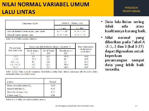 NILAI NORMAL VARIABEL UMUM LALU LINTAS PROSEDUR PERHITUNGAN • Data lalu lintas sering tidak