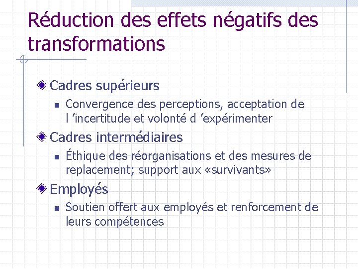 Réduction des effets négatifs des transformations Cadres supérieurs n Convergence des perceptions, acceptation de