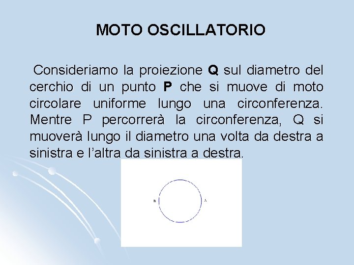 MOTO OSCILLATORIO Consideriamo la proiezione Q sul diametro del cerchio di un punto P