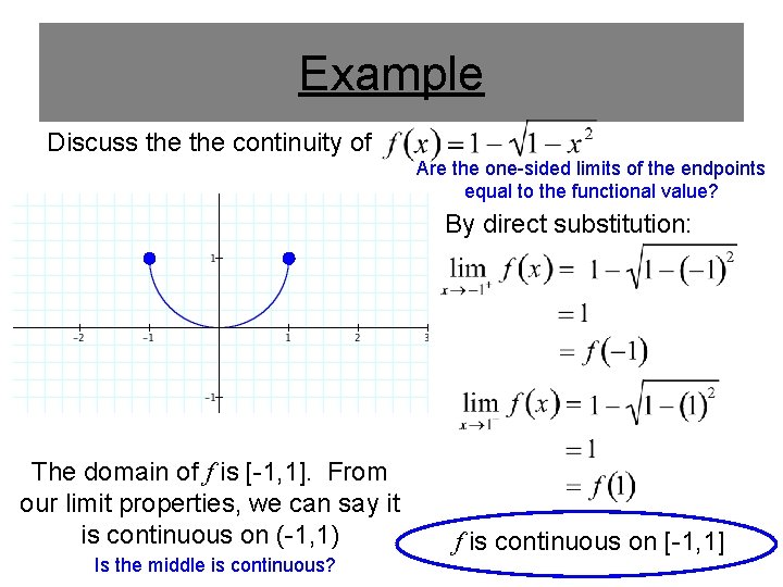 Example Discuss the continuity of Are the one-sided limits of the endpoints equal to Example Discuss the continuity of Are the one-sided limits of the endpoints equal to