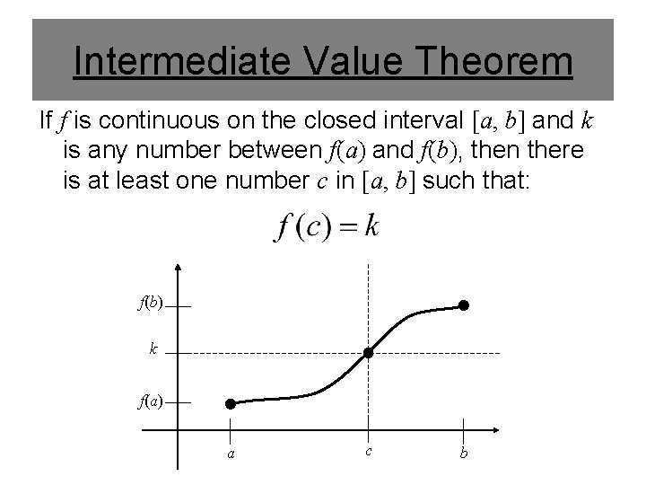 Intermediate Value Theorem If f is continuous on the closed interval [a, b] and