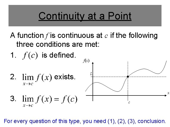 Continuity at a Point A function f is continuous at c if the following Continuity at a Point A function f is continuous at c if the following