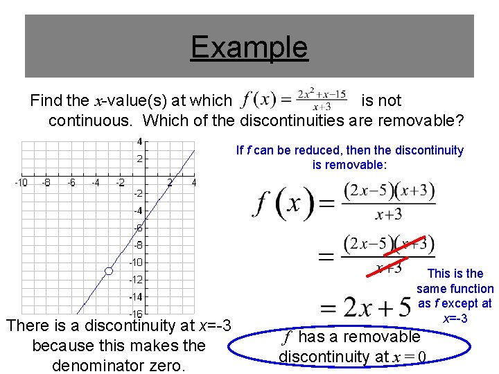 Example Find the x-value(s) at which is not continuous. Which of the discontinuities are Example Find the x-value(s) at which is not continuous. Which of the discontinuities are