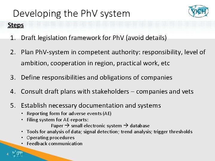 Developing the Ph. V system Steps 1. Draft legislation framework for Ph. V (avoid