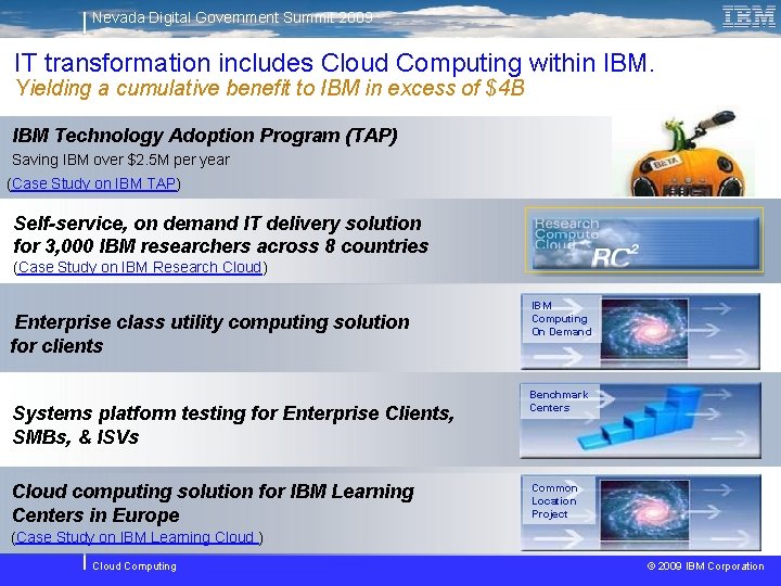 Nevada Digital Government Summit 2009 IT transformation includes Cloud Computing within IBM. Yielding a