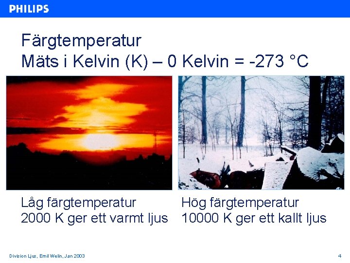 Färgtemperatur Mäts i Kelvin (K) – 0 Kelvin = -273 °C Låg färgtemperatur Hög