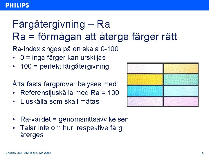 Färgåtergivning – Ra Ra = förmågan att återge färger rätt Ra-index anges på en