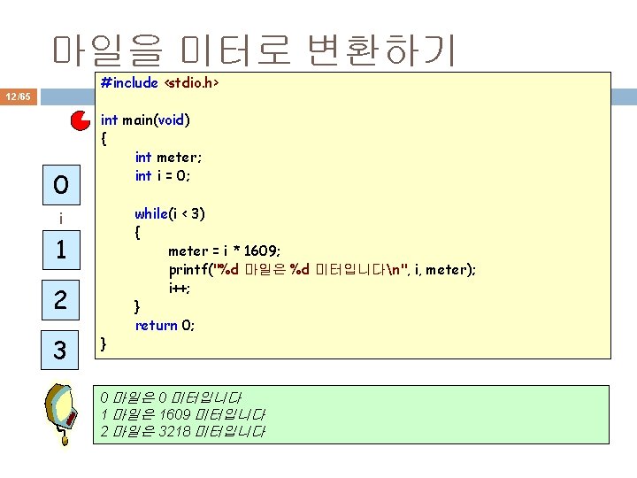 마일을 미터로 변환하기 #include <stdio. h> 12/65 0 i 1 2 3 int main(void)