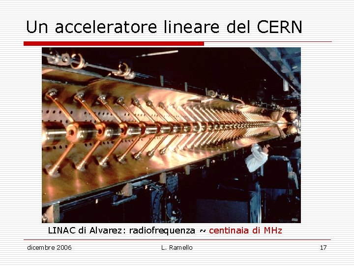 Un acceleratore lineare del CERN LINAC di Alvarez: radiofrequenza ~ centinaia di MHz dicembre
