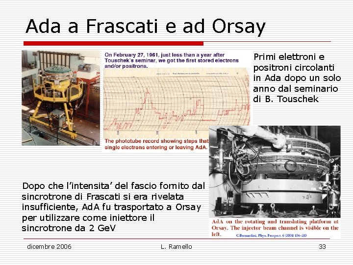Ada a Frascati e ad Orsay Primi elettroni e positroni circolanti in Ada dopo