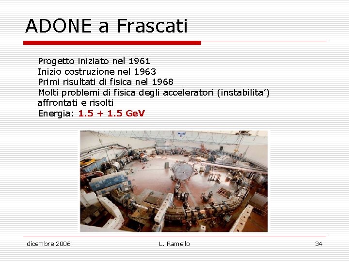 ADONE a Frascati Progetto iniziato nel 1961 Inizio costruzione nel 1963 Primi risultati di