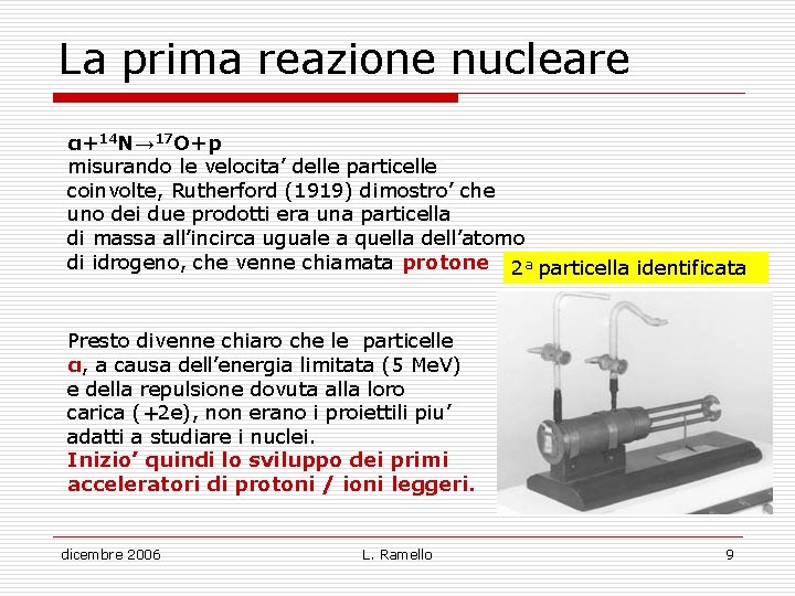 La prima reazione nucleare α+14 N→ 17 O+p misurando le velocita’ delle particelle coinvolte,