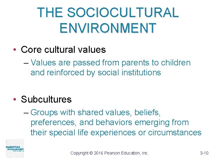 THE SOCIOCULTURAL ENVIRONMENT • Core cultural values – Values are passed from parents to