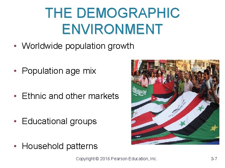 THE DEMOGRAPHIC ENVIRONMENT • Worldwide population growth • Population age mix • Ethnic and