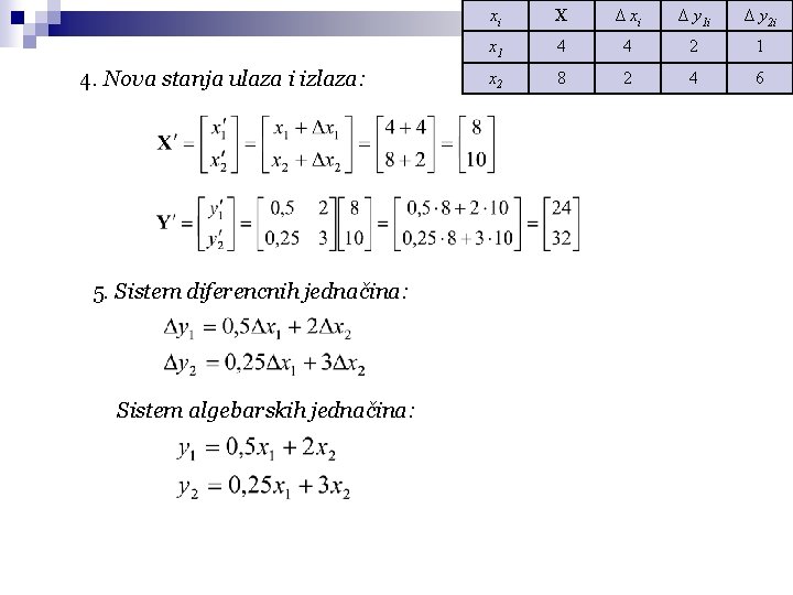 4. Nova stanja ulaza i izlaza: 5. Sistem diferencnih jednačina: Sistem algebarskih jednačina: xi