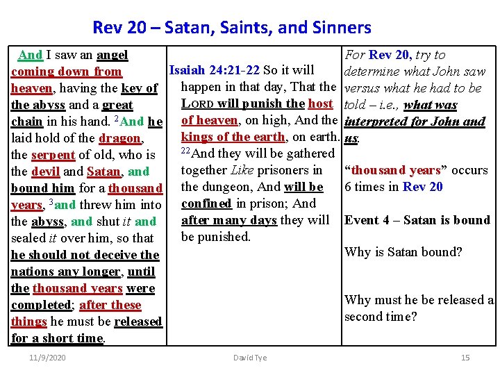 Rev 20 – Satan, Saints, and Sinners And I saw an angel For Rev