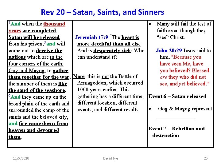 Rev 20 – Satan, Saints, and Sinners 7 And when the thousand years are