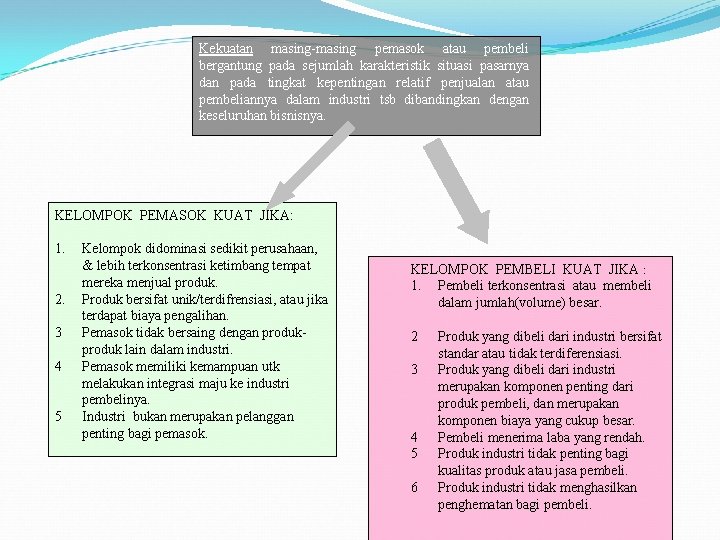 Kekuatan masing-masing pemasok atau pembeli bergantung pada sejumlah karakteristik situasi pasarnya dan pada tingkat