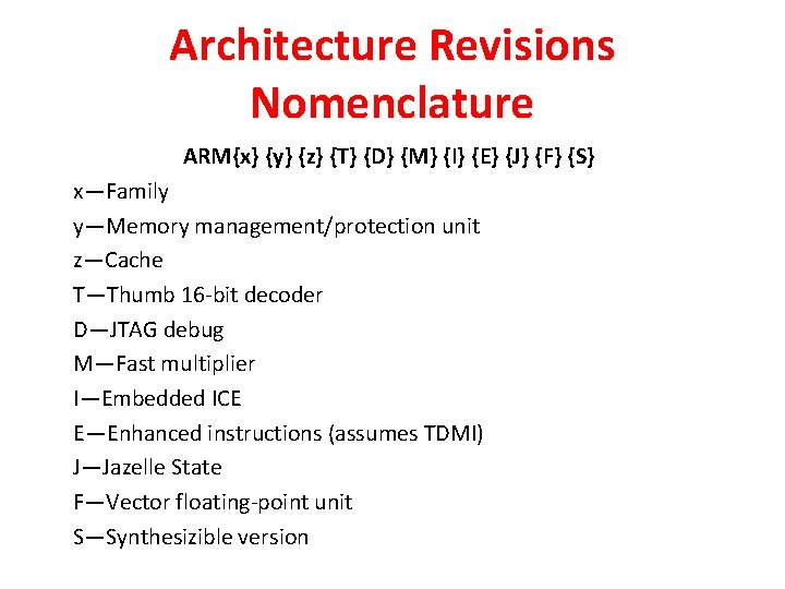 Architecture Revisions Nomenclature ARM{x} {y} {z} {T} {D} {M} {I} {E} {J} {F} {S}