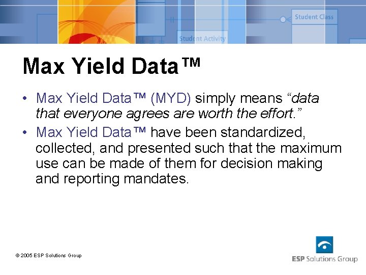 Max Yield Data™ • Max Yield Data™ (MYD) simply means “data that everyone agrees
