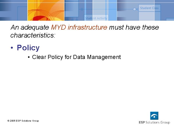 An adequate MYD infrastructure must have these characteristics: • Policy • Clear Policy for