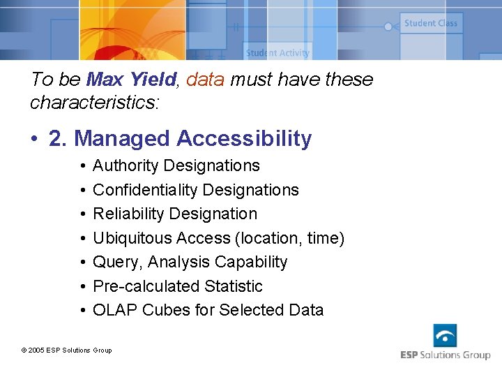 To be Max Yield, data must have these characteristics: • 2. Managed Accessibility •
