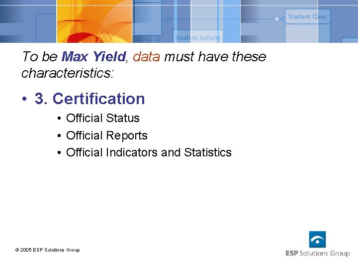 To be Max Yield, data must have these characteristics: • 3. Certification • Official