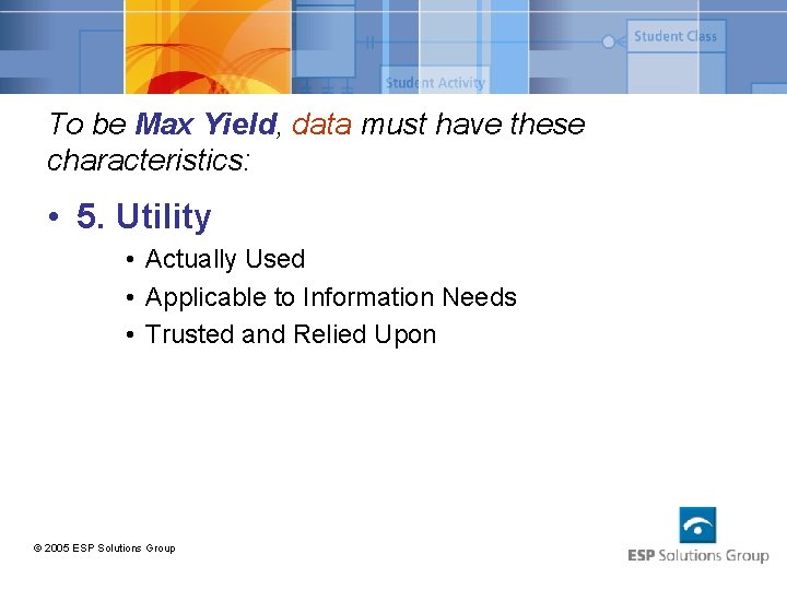 To be Max Yield, data must have these characteristics: • 5. Utility • Actually