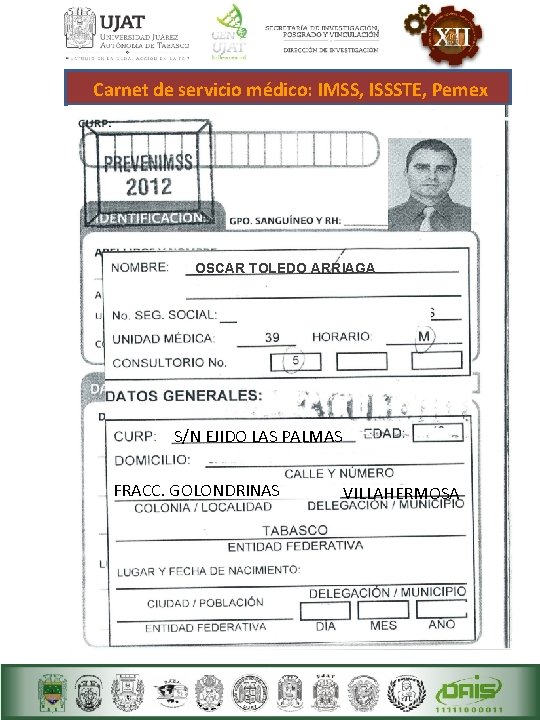 Carnet de servicio médico: IMSS, ISSSTE, Pemex OSCAR TOLEDO ARRIAGA S/N EJIDO LAS PALMAS