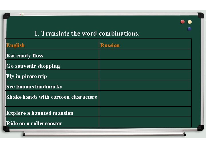 1. Translate the word combinations. English Eat candy floss Go souvenir shopping Fly in