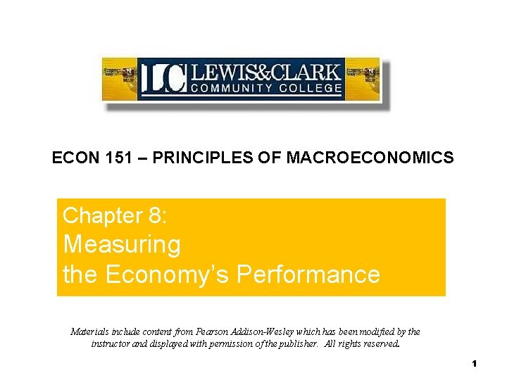 Chapter 8 ECON 151 – PRINCIPLES OF MACROECONOMICS Chapter 8: Measuring the Economy’s Performance