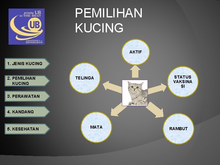PEMILIHAN KUCING AKTIF 1. JENIS KUCING 2. PEMILIHAN KUCING STATUS VAKSINA SI TELINGA BODY