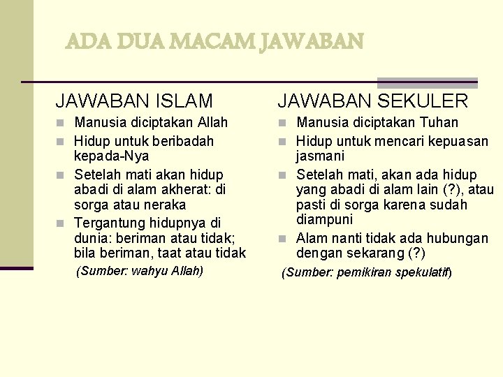 ADA DUA MACAM JAWABAN ISLAM JAWABAN SEKULER n Manusia diciptakan Allah n Hidup untuk