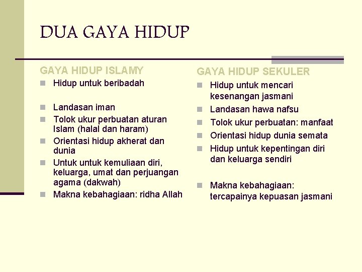 DUA GAYA HIDUP ISLAMY GAYA HIDUP SEKULER n Hidup untuk beribadah n Hidup untuk