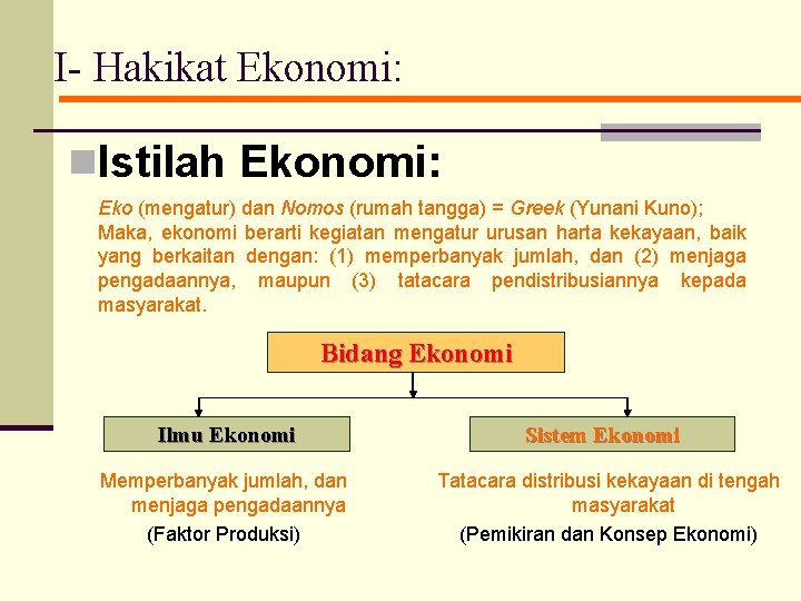 I- Hakikat Ekonomi: n. Istilah Ekonomi: Eko (mengatur) dan Nomos (rumah tangga) = Greek