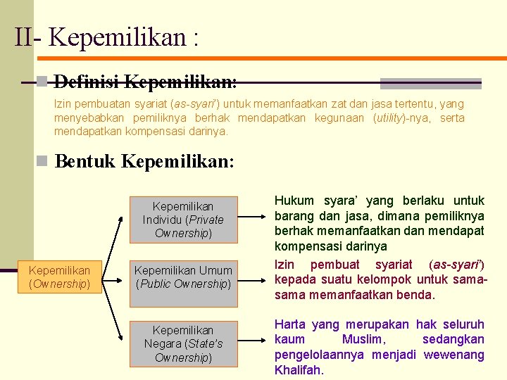 II- Kepemilikan : n Definisi Kepemilikan: Izin pembuatan syariat (as-syari’) untuk memanfaatkan zat dan