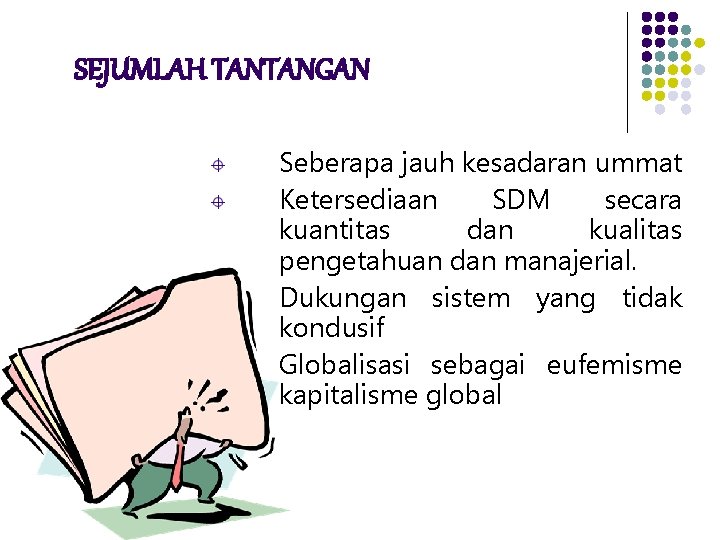 SEJUMLAH TANTANGAN Seberapa jauh kesadaran ummat Ketersediaan SDM secara kuantitas dan kualitas pengetahuan dan