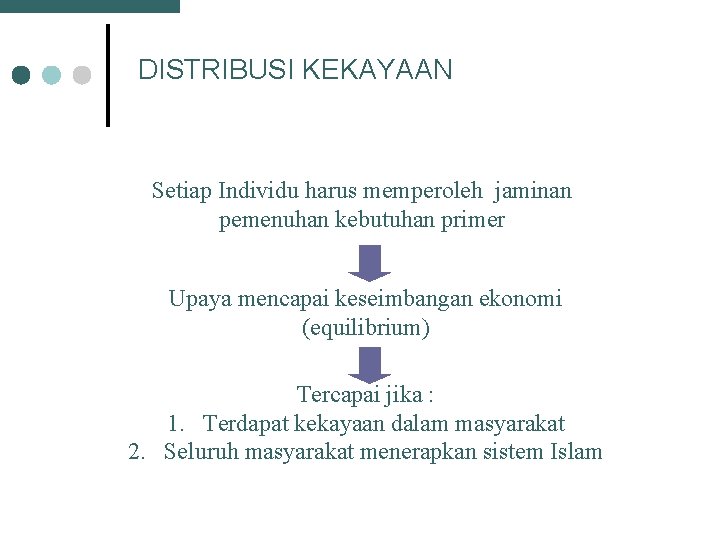 DISTRIBUSI KEKAYAAN Setiap Individu harus memperoleh jaminan pemenuhan kebutuhan primer Upaya mencapai keseimbangan ekonomi