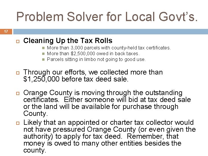 Problem Solver for Local Govt’s. 17 Cleaning Up the Tax Rolls More than 3,