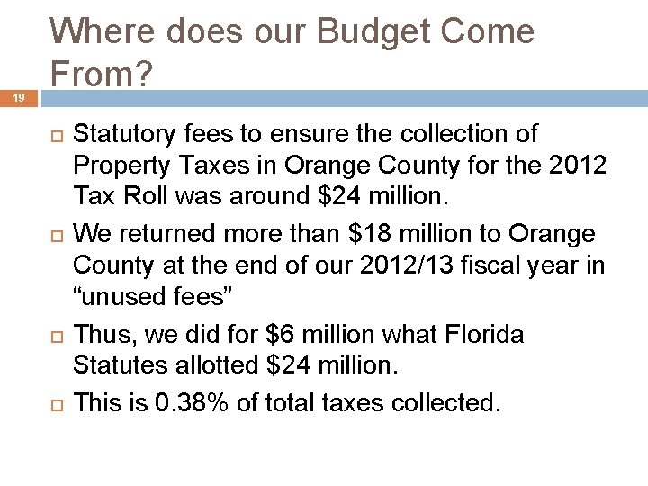 19 Where does our Budget Come From? Statutory fees to ensure the collection of