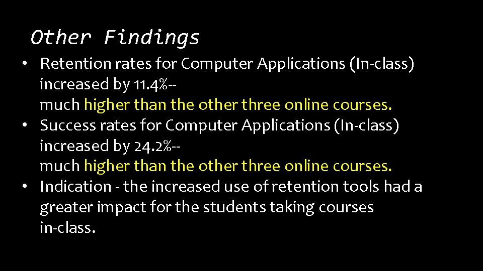 Other Findings • Retention rates for Computer Applications (In-class) increased by 11. 4%-much higher