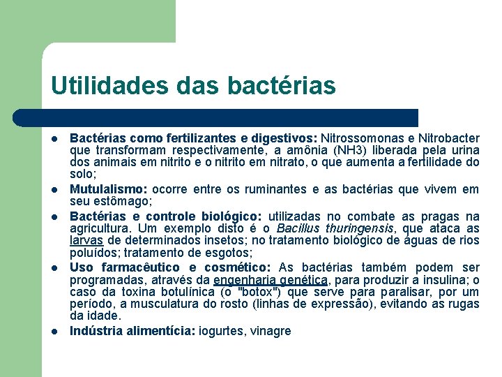 Utilidades das bactérias l l l Bactérias como fertilizantes e digestivos: Nitrossomonas e Nitrobacter